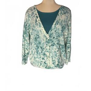 Talbots Pure Italian Merino Cardigan XL – Seafoam Watercolor Print